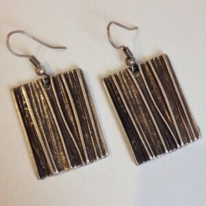 Silver Plated Metal Earrings Rectangle Ridged Pierced Hook Unique Dangle New